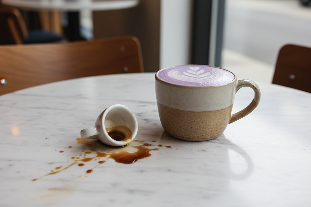 café renversé sur table et à coté tasse plus grande d'ube