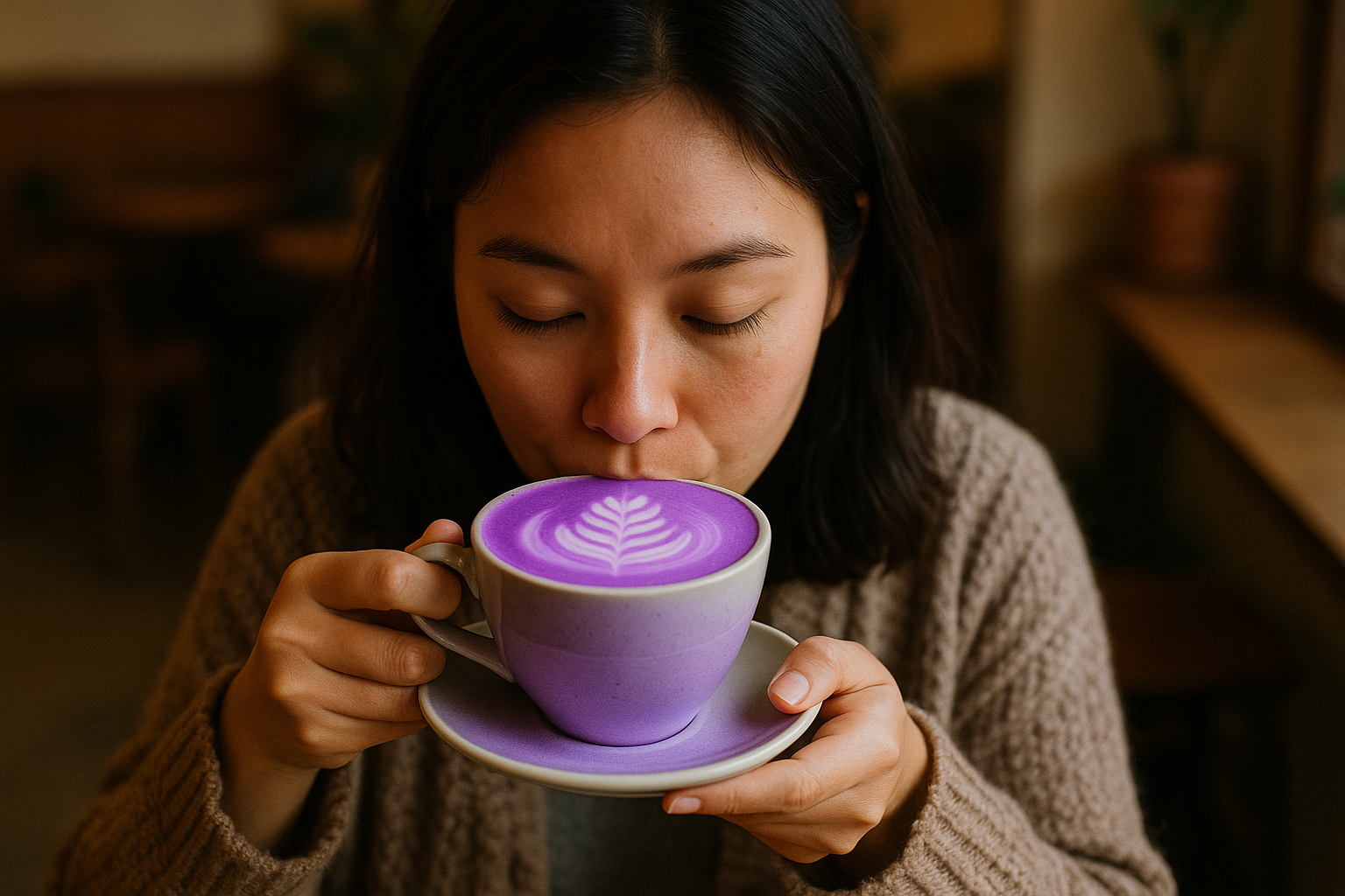 une femme entrain de boire un ube latté